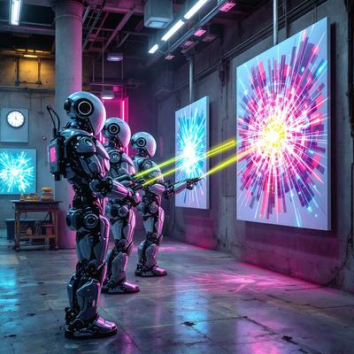 The primary subject of the image is a group of three robots standing in a room. They are positioned in front of a large painting, which is the setting/background of the scene. The visual style of the image is a combination of photo and digital art, creating a futuristic and artistic atmosphere. The dominant colors in the image are pink and purple, which contribute to the overall mood of the scene.